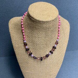 Cube Barrel Oval Beaded Necklace 16 In Pink Purple Gold Pearl Cute Vintage Fun